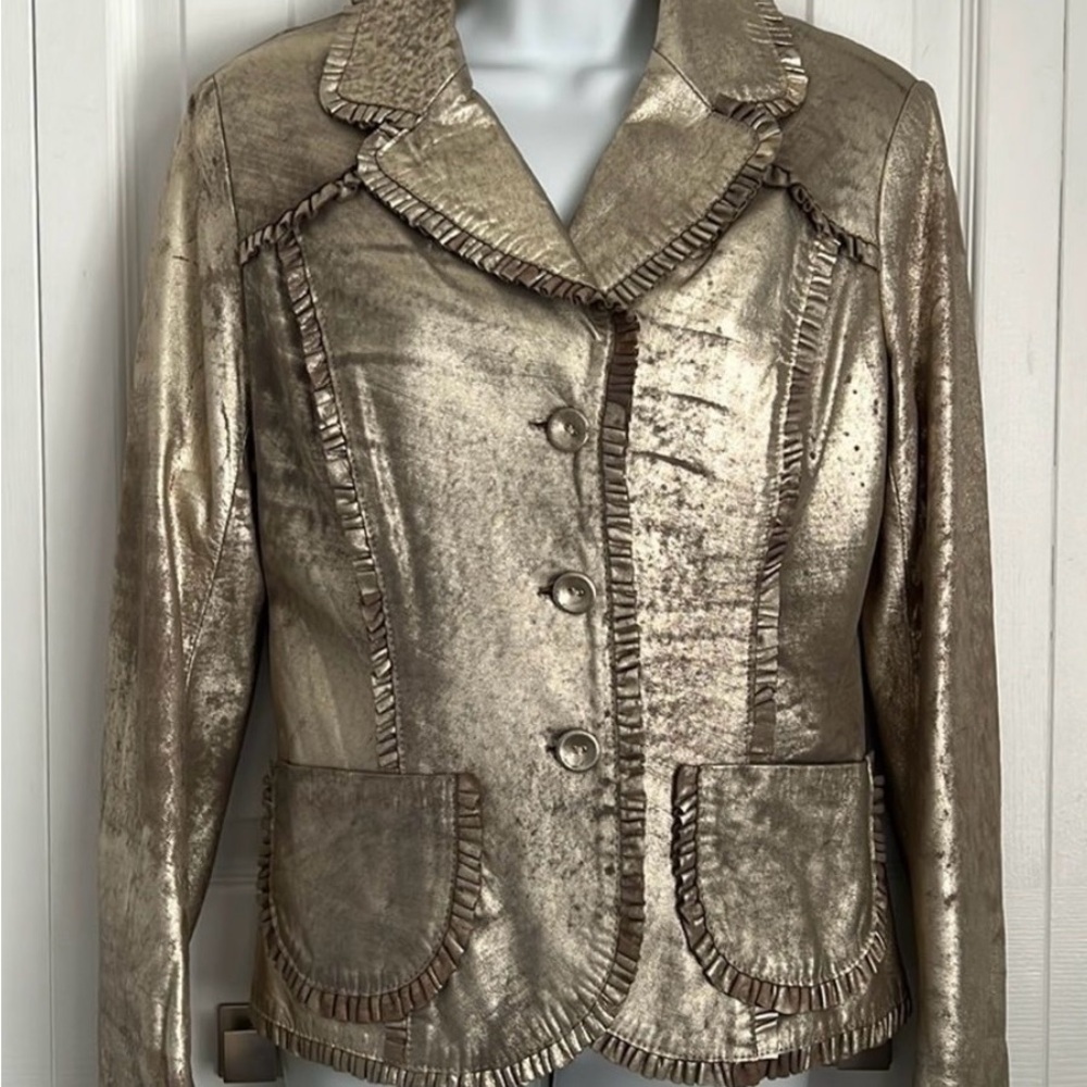 Amorimiei Milan Distressed Gold Leather Blazer with ruffle details, Size 10